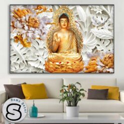Tranh Phật A Di Đà Và Hoa Mẫu Đơn Vàng