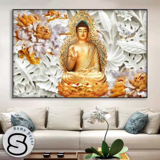 Tranh Phật A Di Đà Và Hoa Mẫu Đơn Vàng